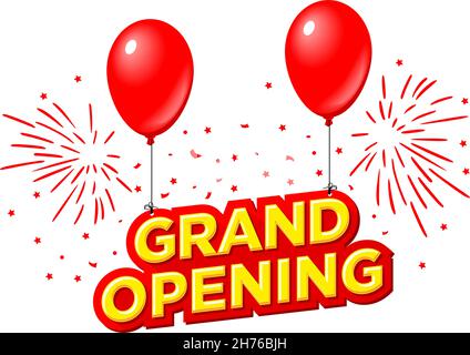 Modello di volantino promozionale. I palloncini sollevano l'iscrizione Grand Opening sullo sfondo dei fuochi d'artificio del festival. Vettore su backgroun trasparente Illustrazione Vettoriale