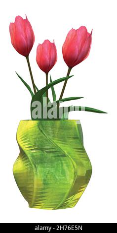 Tulipani rosa in vaso verde giallo Illustrazione Vettoriale