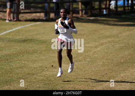 Wesley Kiptoo dello stato dell'Iowa si posiziona secondo nella corsa maschile nelle 28:38.7 durante i campionati di cross country NCAA al Parco Regionale Apalachee, Saturda Foto Stock