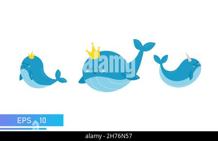 Set di una graziosa balena blu dai delicati colori blu e una corona dorata sulla testa o sul cappello da festa. Orgoglioso e dolce. Illustrazione vettoriale. Illustrazione Vettoriale