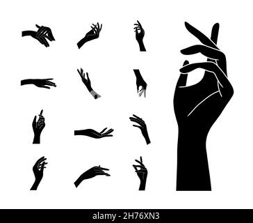 Mani femminili eleganti con gesti diversi. Illustrazione vettoriale disegnata a mano in stile boho Illustrazione Vettoriale