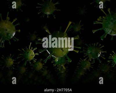 banner nero con molecola di coronavirus verde che si rompe. . Foto di alta qualità Foto Stock