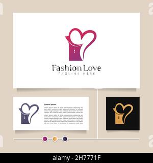 Creative Fashion Love logo design per il branding aziendale. Combinazione creativa e moderna di abito e forma del cuore Illustrazione Vettoriale