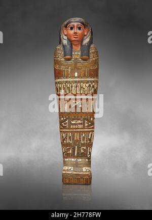 Antico caso di mummia egiziana di Taditnakht figlia di Iroutou, 720-650 a.C., dinastia 24th-25th. Museo delle Belle Arti di Lione inv H2314. Foto Stock