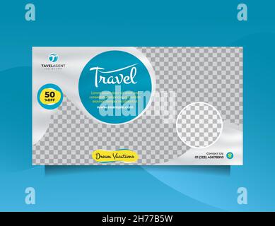 Paesaggio social media banner design Vendita viaggi vacanza e tour pubblicità con moderno colore blu e argento Illustrazione Vettoriale