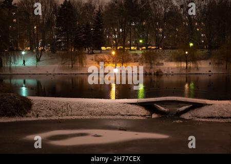 Parco cittadino di notte in inverno, stagni e vicolo con passerella. Foto Stock