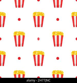 Popcorn. Modello senza cuciture con pacchetto popcorn. Illustrazione vettoriale in cartoon design piatto su bianco. Illustrazione Vettoriale