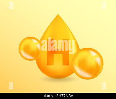 Vitamina H biotina. Disegno realistico della biotina H della goccia della vitamina. Concetto di illustrazione del complesso della vitamina 3D. Illustrazione Vettoriale