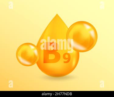 Vitamina B9 acido folico. Realistico goccia di vitamina B9 acido folico design. Concetto di illustrazione del complesso della vitamina 3D. Illustrazione Vettoriale