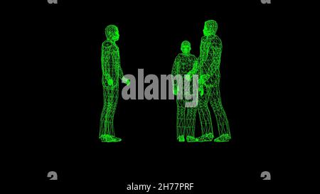 Green wireframe le persone parlano cyberpunk 3d stile anni '80 tecnologia informatica rendering 3d Foto Stock