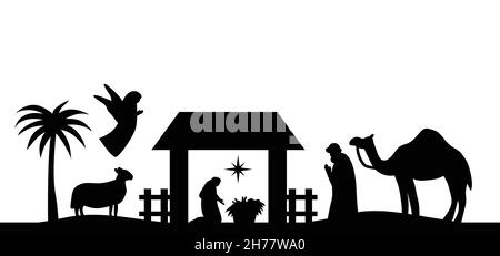 Notte Santa di nascita del bambino gesù cristo silhouette scena dalla religione presepio cristianesimo scena. Storia religiosa biblica dei cattolici. Tagliare per Illustrazione Vettoriale