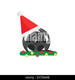 Bobina film con cappello santa di natale rosso su bianco, icona vettoriale in design piatto Illustrazione Vettoriale