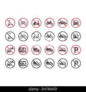 Set di cartelli rosso per veicoli a motore di divieto. Nessuna icona di automobili, autobus, motocicli impostata. Illustrazione Vettoriale