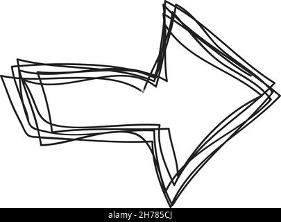 Freccia destra disegnata a mano scarabocchiare, tracciare un elemento di scribble, matita disegno disegno disegno contorno tratto illustrazione glifo Illustrazione Vettoriale