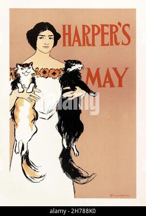 Giovane donna che tiene due gatti in Poster pubblicizza il numero di maggio della rivista Harper di Edward Penfield1890 Foto Stock