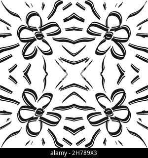 Pennello nero pennelli fiori vettoriali pattern senza giunture. Linee curve e ondulate disegnate a mano con cerchi grunge. Spazzola graffette texture decorative. Io Foto Stock