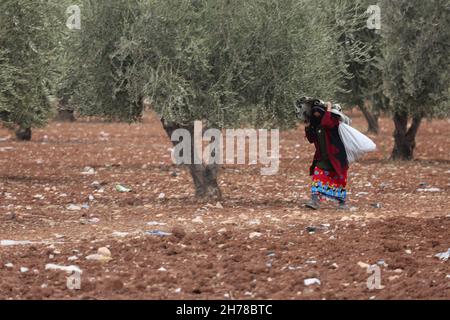 10 novembre 2021, Azaz, governatorato di Aleppo, Siria: Azaz, Siria. 10 novembre 2021. Una scena di vita quotidiana nel campo di al-Zaytoun make-shift per le famiglie siriane sfollate nella periferia della città siriana di Azaz, a guida ribelle, vicino al confine turco. Le tende sono state allestite in oliveti lungo il confine turco, con i residenti dell'insediamento informale e i loro figli che lottano con infrastrutture minime e mancanza di spazio (Credit Image: © Zakariya Yahya/IMAGESLIVE via ZUMA Press Wire) Foto Stock