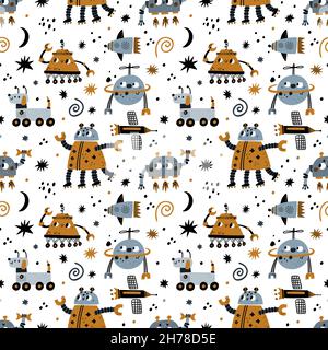 Robot simpatici con pattern senza cuciture. Giochi per ragazzi, divertenti decorazioni robotiche, simpatici giocattoli elettronici, giochi per ragazzi, personaggi meccanici comici, stile cartoon. Decorazione tessile Illustrazione Vettoriale