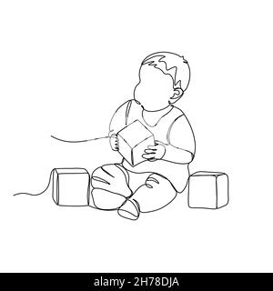Un bambino gioca con i cubi. Una linea continua. Illustrazione vettoriale disegnata con un'unica linea. Illustrazione Vettoriale