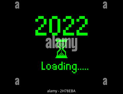 Felice anno nuovo 2022 con caricamento icona pixel art stile bitmap. Progress bar sta per arrivare alla vigilia dell'anno nuovo. Design piatto vettoriale verde 2022 pixel di caricamento Illustrazione Vettoriale