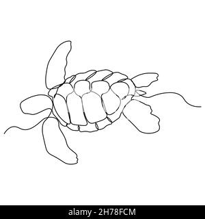 Un'unica linea di disegno di tartaruga grande per l'identità del logo dell'azienda marina. Adorabile creatura rettile animale mascotte concetto per la conservazione fondazione. C Illustrazione Vettoriale