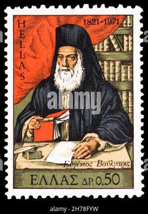 MOSCA, RUSSIA - 25 OTTOBRE 2021: Francobollo stampato in Grecia mostra 1821 Rivoluzione - Eugene Voulgaris, 150° anniversario della Guerra d'Indipendenza seri Foto Stock