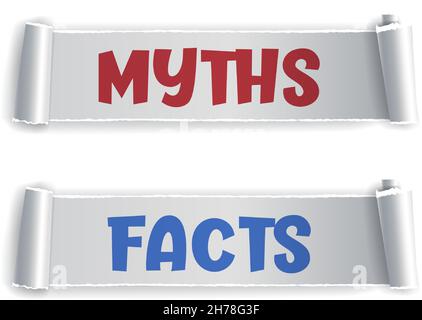 Miti e fatti segno. Design dell'intestazione Miti vs fatti. I fatti veri o falsi sono una bolla. Carta strappata per qualsiasi scopo. Illustrazione Vettoriale