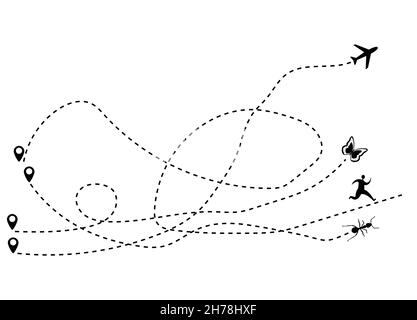 Linea tratteggiata del percorso dell'aereo, farfalla, uomo e formica. Turismo e viaggi. Illustrazione vettoriale. Illustrazione Vettoriale