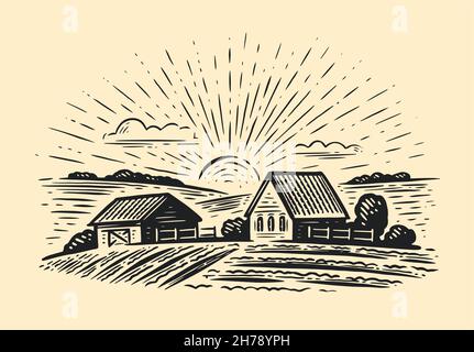 Case di villaggio e terreni agricoli in stile schizzo. Paesaggio naturale rurale con campi Illustrazione Vettoriale