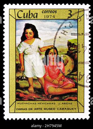 MOSCA, RUSSIA - 25 OTTOBRE 2021: Francobollo stampato a Cuba mostra ragazza messicana, J. Arche, Camaguey museo serie, circa 1974 Foto Stock