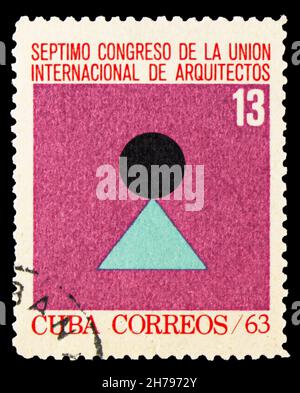 MOSCA, RUSSIA - 25 OTTOBRE 2021: Francobollo stampato a Cuba mostra International Architectural Congress, serie, circa 1963 Foto Stock