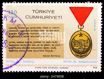 MOSCA, RUSSIA - 25 OTTOBRE 2021: Francobollo stampato in Turchia mostra Medailles, serie, circa 1968 Foto Stock