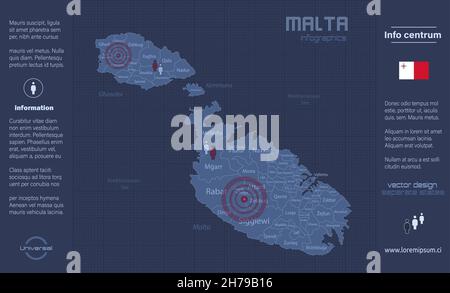 Mappa di Malta, regioni separate con nomi, vettore flat flat blu infografica Illustrazione Vettoriale