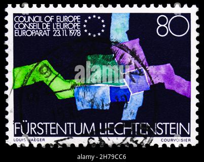 MOSCA, RUSSIA - 25 OTTOBRE 2021: Francobollo stampato nel Liechtenstein mostra il Consiglio d'Europa, circa 1979 Foto Stock
