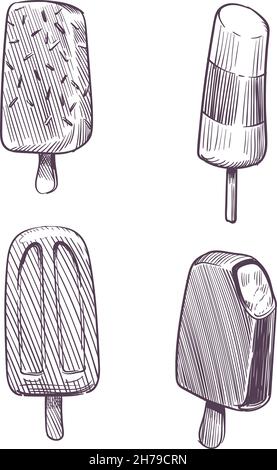 Schizzo di gelato. Eskimo diverso con glassa al cioccolato, dessert cremosi surgelati e sundae sul bastone. Cibo estivo freddo. Menu caffè vintage Illustrazione Vettoriale