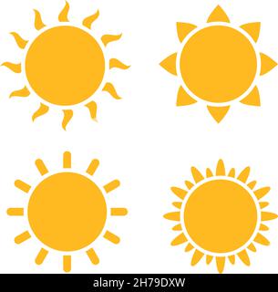 Icone del sole cartoon. Icona di un pittogramma stella gialla con forme diverse. Tempo di sole caldo stagione estiva simbolo, silhouette solari, tatuaggio o logotipo Illustrazione Vettoriale