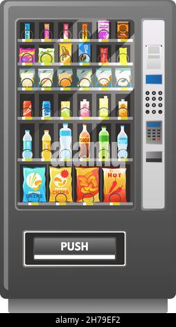 Distributore automatico. Meccanismo di vendita al dettaglio. Vendita automatica di alimenti. Acquisto di bevande e snack. Effettuare acquisti nella vendita di attrezzature. Modello quadrato con Illustrazione Vettoriale
