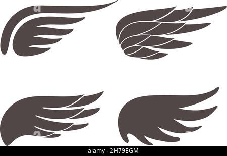 Icone delle forme delle alette. Diverse forme di icone delle ali nere, angelo o aquila uccello piuma, libertà e pace emblema. Elementi per logo, etichetta creativa o. Illustrazione Vettoriale