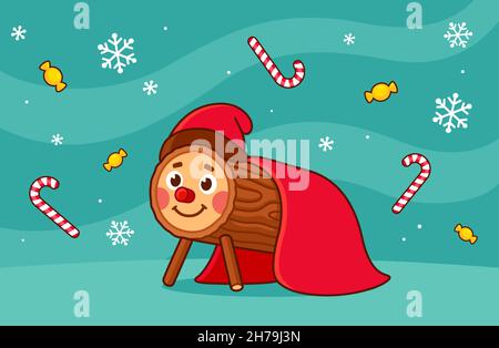 Caga Tio de Nadal, personaggio tradizionale di Natale dalla Catalogna e Aragona, Spagna. Carino illustrazione vettoriale cartoon su sfondo invernale con caramelle. Illustrazione Vettoriale