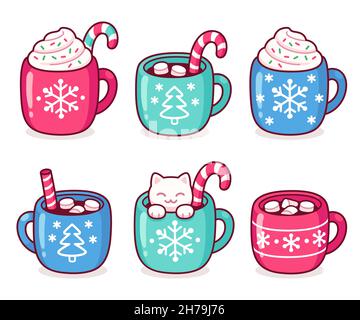 Coppe per drink di Natale, cioccolata calda o caffè con caramelle, panna montata e marshmallows. Kawaii Doodles disegnati a mano. Carino cartoon vettore illustre Illustrazione Vettoriale