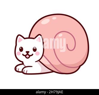 Carino disegno di gatto della lumaca del cartone animato. Kawaii gattino in guscio di lumaca. Illustrazione grafica della clip vettoriale. Illustrazione Vettoriale