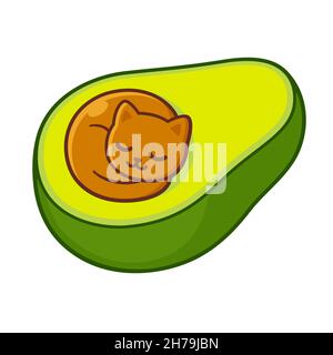 Avocado gatto carino cartoon disegno. Kawaii gattino dormendo in avocado. Vettore barbatella disegnata a mano, illustrazione clip art. Illustrazione Vettoriale