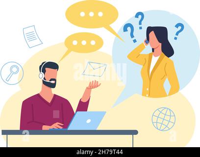 Call center. Assistenza clienti. Servizio hotline. L'operatore in cuffia comunica con il client sul telefono. Lavoratore di telemarketing. Guida tecnica. Feedback Illustrazione Vettoriale
