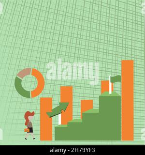 Donna di affari che cammina verso il grafico grande che mostra la prestazione. Lady andando a un grafico di successo finanziario in uniforme. Illustrazione Vettoriale