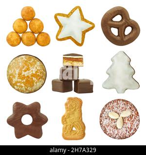 Vari dolci e dolci di Natale isolati su sfondo bianco Foto Stock