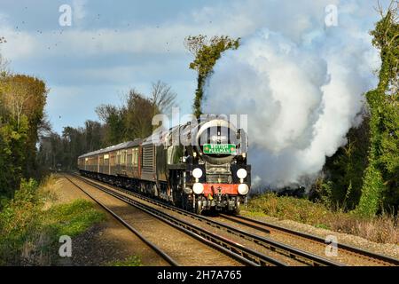 La locomotiva a vapore Clan Line storms su Martin Mill Bank sulla strada per dover con il Belmond British Pullman, un charter per RailAid attraverso Kent, Inghilterra Foto Stock