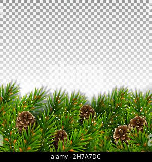Bordo inferiore di rami di abete rosso sempreverdi, coni di pino e fiocchi di neve. Per decorazioni natalizie e disegni di biglietti d'auguri. Isolato su un trasparente Illustrazione Vettoriale