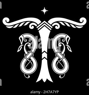 Vecchio design norreno. Immagine stilizzata dell'albero del mondo - Irminsul, dall'antica mitologia europea Illustrazione Vettoriale