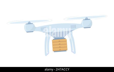Drone di consegna con la scatola di cartone volante. Quadricottero che trasporta un pacchetto al cliente. Innovazione tecnologica delle spedizioni. Servizio di consegna droni Illustrazione Vettoriale