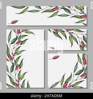 Vettore luminoso set floreale di carte, biglietti da visita, foglie, bacche, primavera, Illustrazione Vettoriale